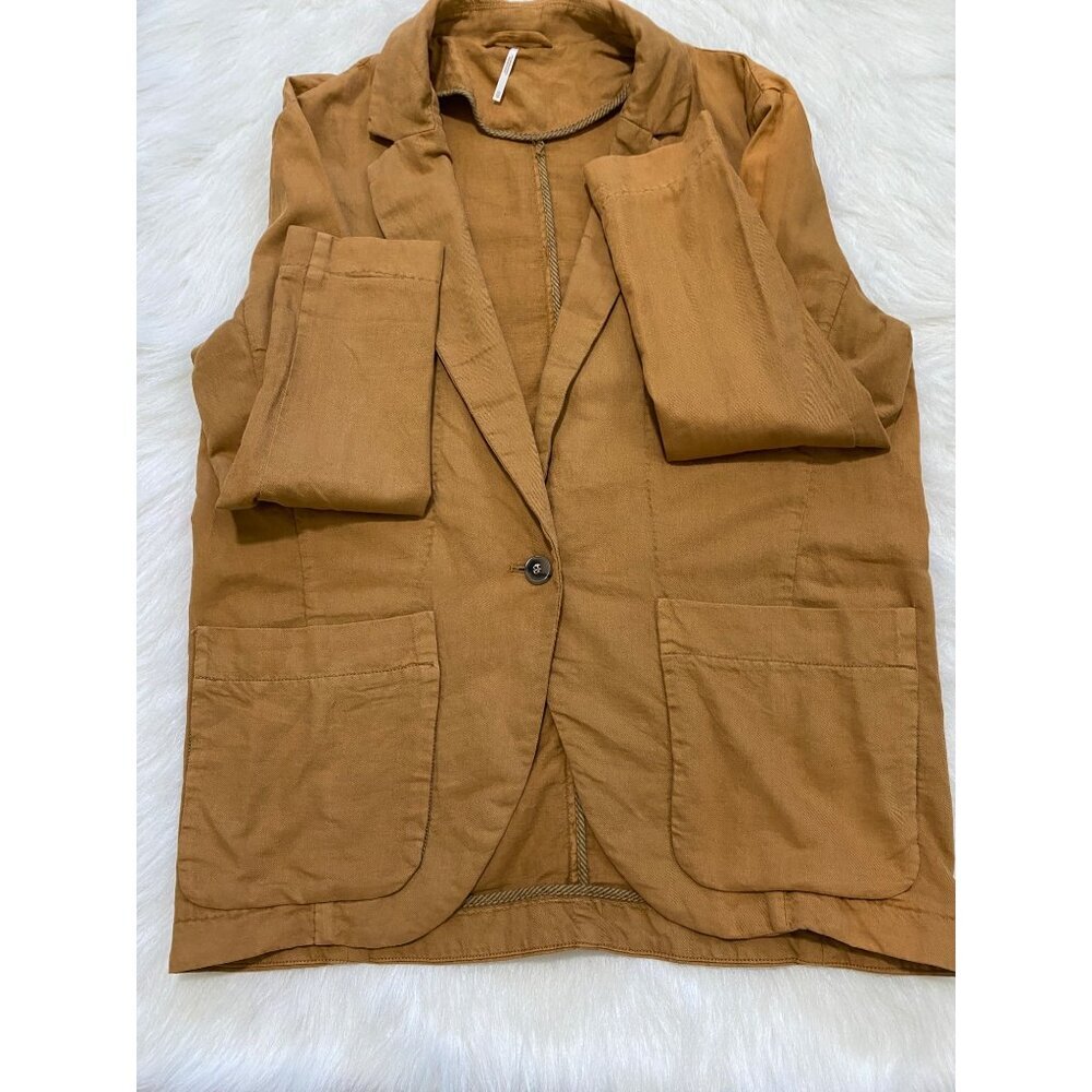 Free People Tan Brown Linen Cotton Oversized Blazer Jacket X-Small Preppy - Picture 9 of 15